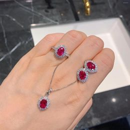 Necklace Earrings Set 925 Sterling Silver Red Moissanite Ring Earring Retro Fashion Luxury Oval Wedding Birthday Present Women Jewellery