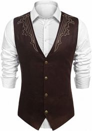 men's suede suit vest embroidered casual steampunk style vest fi spring autumn plus size vest N7Qt#