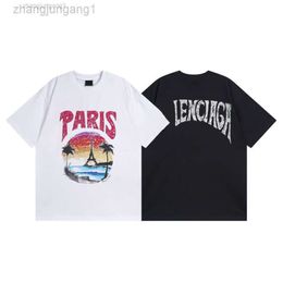 24SS Desginer Balanciaganess t Shirt Baleciaga Paris High Edition 2024 New b Home Hawaiian Sunset Coconut Tower Bat Pattern Short Sleeve T-shirt