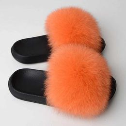 Slippers Slippers Fur Summer Womens Real Fox Slides Ome Furry Flat Sandals Non slip Fluffy Flip Cap Cute Plus Soes H2403260MXB