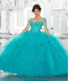 Vintage Quinceanera Dresses Lace Applique Sequins Long Sleeve Blue Ball Gown Tulle Plus Size Sweet 15 Gowns4675689