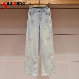 Women's Jeans Sweet Bow Embroidered For Women 2024 Summer Casual High Waisted Slimming Light Blue Denim Straight Trousers Female