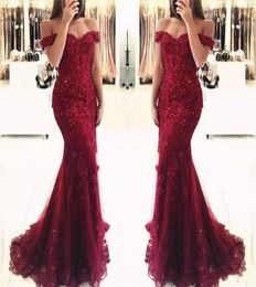 Fashion Burgundy Prom Dresses 2022 Long Mermaid Sequin Beading Lace Appliques Off shoulders Evening Formal Gowns pageant Dress2900812