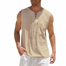 cott Linen Shirts Men's Casual Leevel Vest Bandage Lace Up Blouse Retro V Neck Fi Loose Shirt Male Solid Colour Clothes h0mv#