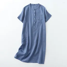 Party Dresses 2024 Summer Light Weight Cotton Linen Dress Loose Short Sleeve Stand Collar Half Button Shirt Casual