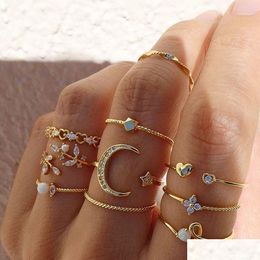 Band Rings 10Pcs/Set New Bohemian Gold Colour Chain Set Boho Coin Snake Moon Party For Women Fashion Jewellery Gifts Drop Delivery Ring Otxgi