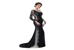 Unique Design Sheer Illusion Mermaid Evening Dresses 2019 Nude Black Sequines Applique One Long Sleeves Celebrity Prom Gowns2623800
