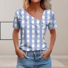 Women's Blouses Fashionable Women Top Stylish Plaid Print Skew Collar T-shirt For Loose Fit Short Sleeve Pullover With Button Summer