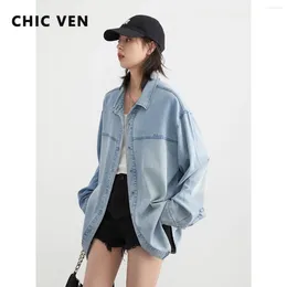 Women's Blouses CHIC VEN Women Shirt Blue Long Sleeve Loose Casual Single Breasted Split Embroidery Denim Female Tops Spring Autumn 2024