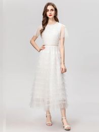 Catwalk Summer High Quality Fashion Party White Mesh Embroidery Hollow Out Sexy Sweet Pretty Flare Sleeve Long Dresses For Women