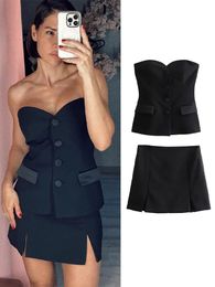 Elegant Single Breasted Top Skirt Suit Women 2024 Summer Black High Waist Split Mini Suits Female Slim Sleeveless Set 240325