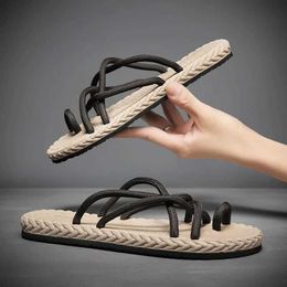 Slippers Slippers Roman Woven Rope Flip Mens Summer Fasion Retro Ligtweigt Flat Boomed Outdoor Street Leisure Soes H240327