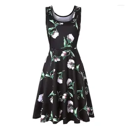 Casual Dresses Elegant Fashion Summer Flower Print A-line Sundress Sleeveless Pullover Fitted Clothes To Knees For Women