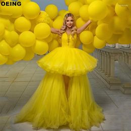 Party Dresses OEING Yellow A-Line Prom Dress Chic V-Neck Tulle Tiered Spaghetti Strap Evening Formal Occasion Gown Vestidos De Novia