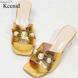 Sandals Kcenid Summers New Design Pearl Womens Party Sliding Shoes Sandals Elegant High Heel Sexy Sliding Shoes Square Toe Dress Wedding DressL2403