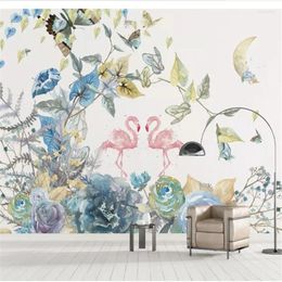 Wallpapers Wellyu Wall Papers Home Decor Custom Wallpaper Nordic Fresh Hand Painted Flower Flamingo Background Paper Mural Behang