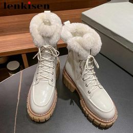 Boots Lenkisen Cow Leather Round Toe Thick Heels Snow Cold-resistant Long Plush Concise Style Platform Lace-up Mid-calf