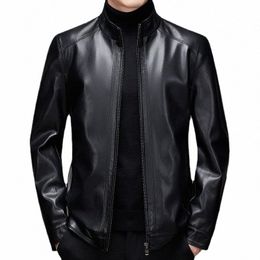 2024- New Men's Busin Gentleman British Windproof Casual Fi Stand Collar Sheepskin Plus Size Biker Jacket Leather Jacket J0yx#