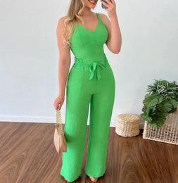 Women's Two Piece Pants Fashion 2024 Summer Casual V-Neck Short Vest Top With Tie Up High Waist Patch Pocket Straight Leg Set Sexy Elegant