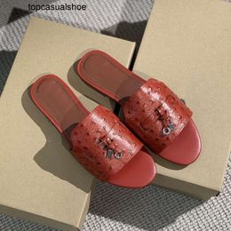 Loro Piano LP LorosPianasl Mules slides Charms ostrich slippers Highquality Red Genuine leather open toe flat heels womens Luxury Designers Fashion Bottoms Casual
