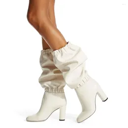 Boots Beige White Suede Frape Elastic Women Mid-calf Female Chise Mid Calf Chunky Heels Pleated Knight Bottine Zapatos