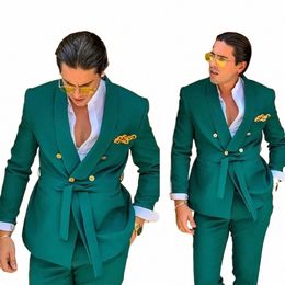 green Male Suits for Wedding with Belt Double Breasted Formal Groom Travel Wear Costume Homme Jacket+Pants t02E#