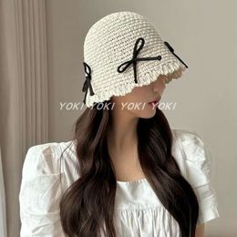 Novo chapéu de tigela de malha com laço, bonito e versátil, mostrando o rosto pequeno, chapéu redondo, chapéu de balde de tecido de grama