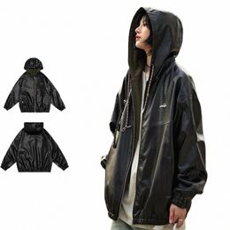 pu Leather Hooded Jackets Men Women Retro Street Baggy Motorcycle Coats American Street Loose Zip-up Outwear Spring Unisex Tops G4ow#