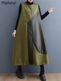 Casual Dresses PU Oversized Sleeveless Vest Dress Women Colour Patchwork Fashion Pullover Ladies Pleated Woman Long Leather
