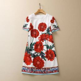 Casual Dresses European and American women's clothes 2023 spring new Round neck Short sleeve studded red flower print Fashionable dress