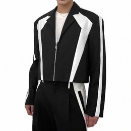 2023 Fi Men's Blazer Patchwork Zipper Lapel Lg Sleeve Casual Crop Coats Men Streetwear Leisure Male Suits S-5XL INCERUN c2oL#