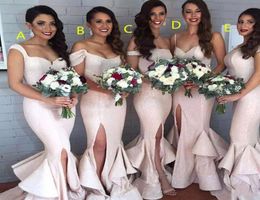 2021 Vintage Long Sequins Sparkle Bridesmaid Dress Light Pink Ruffled Slit Maid of Honour Dress Wedding Guest Gown Plus Size1505874