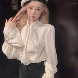 Women's Blouses Women Shirt French Bow Lace Spliced Loose Fit Chic Flare Sleeve Literary Vintage Trendy Temperament Female Tops Fairycore