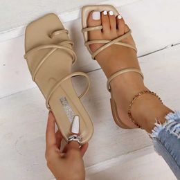 Slippers Slippers Summer Flat Fasion Sandals Women Candy Colour Strap Cross Slipper Ladies Girl Square Toe Flip-flop H240326607P