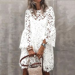 Casual Dresses Fashion White Embroidered Dress Elegant Solid Spring Summer Lace Beach O Neck Boho Streetwear Female Party Vestido