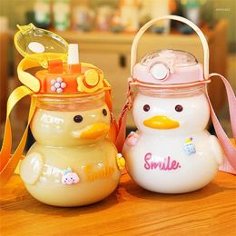 Water Bottles 1pc 1000ml Cute Duck Bottle With Strap Straw For Girls Plastic Cup Portable Drinking Kids BPA Free