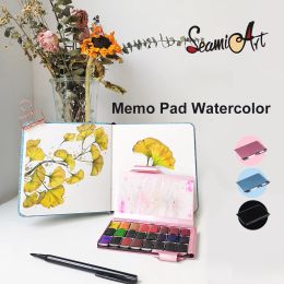 Tags Seamiart 24color Professional Colors Memo Pad Solid Watercolor Paint Set with 1pc Metal Painting Brush Pen Palette Art Supplies