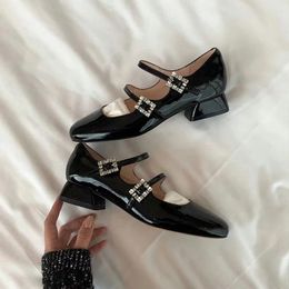 Dress Shoes Square Toe Genuine Leather Rhinestone Buckle Thick Heels Mary Jane Wedding Zapatos De Mujer Tacon Medio Elegantes