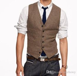 2019 Custom Wedding Waistcoat Vintage Brown Tweed Vest Wool Herringbone Groom Vests British Style Mens Suit Vests Slim Fit Mens Dr7305053