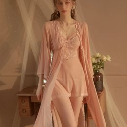 Women Silk Satin Pajamas Set 3 Piece Lingerie Floral Lace Cami Sleepwear with Slip Coat240327