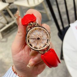 luxury lady watch Snow Rotary dial Rose Gold Sliver designer diamond fashion women watches Leather strap wristwatch for womens Christmas Mother's Day Birthday Gift