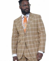 wedding Men'S Suits Slim Fit 2 Pieces Brown Cheque Two Butt Custom Large Size Elegant Dr Male Gentleman Costume Blazer Sets Y547#