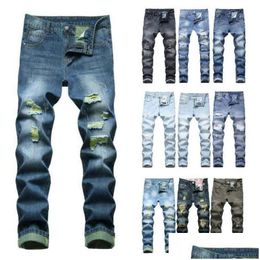 Mens Jeans Ripped Straight Slim Hip-Hop Patch Non-Stretch Denim Trousers Without Belt Mtiple Styles Drop Delivery Apparel Clothing Dhjuc