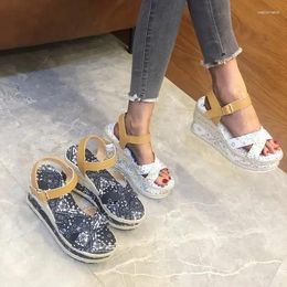 Dress Shoes 2024 Temperament Flat High Heel Round Toe-Shaped Open Toe Ring Foot Buckle One-Word Pocket Women's Sandals