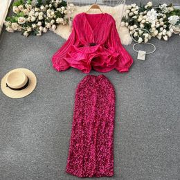 Work Dresses Women Pleated Two Pieces Sets Sequin Puff Sleeve Long Top Elegant High Waitst A-line Skirt French Fashion Autumn