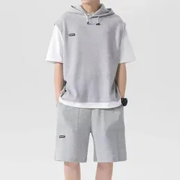 Men's Tracksuits Summer Sports Outfit Two-piece Loose Fit Casual Sport Set With Hooded Drawstring Top Elastic For Active