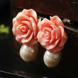 Dangle Earrings 2024 Freshwater Pearl Pink Coral Flower Christmas Holiday Gifts Gift VALENTINE'S DAY Halloween CARNIVAL Party