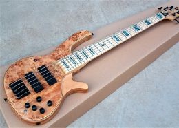 Guitar Flyoung 5 Strings Burl Maple Top Electric Bass Guitar with Black Hardware,Pearl Inlays,Offer Customize