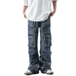 Men's Jeans Fashion Oversized Pants High Street Loose Fit Hip Hop Cargo Denim Trousers With Multi Pockets Washed Blue Baggy