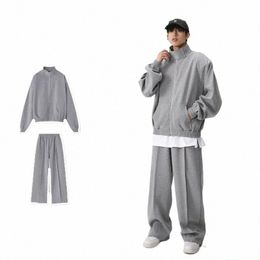 2024 Spring Autumn Korean Mens Tracksuit Simplicity Sports Unisex Suit Solid Stand Collar Trendy Top+casual Sweatpants 2-pcs Set m97I#